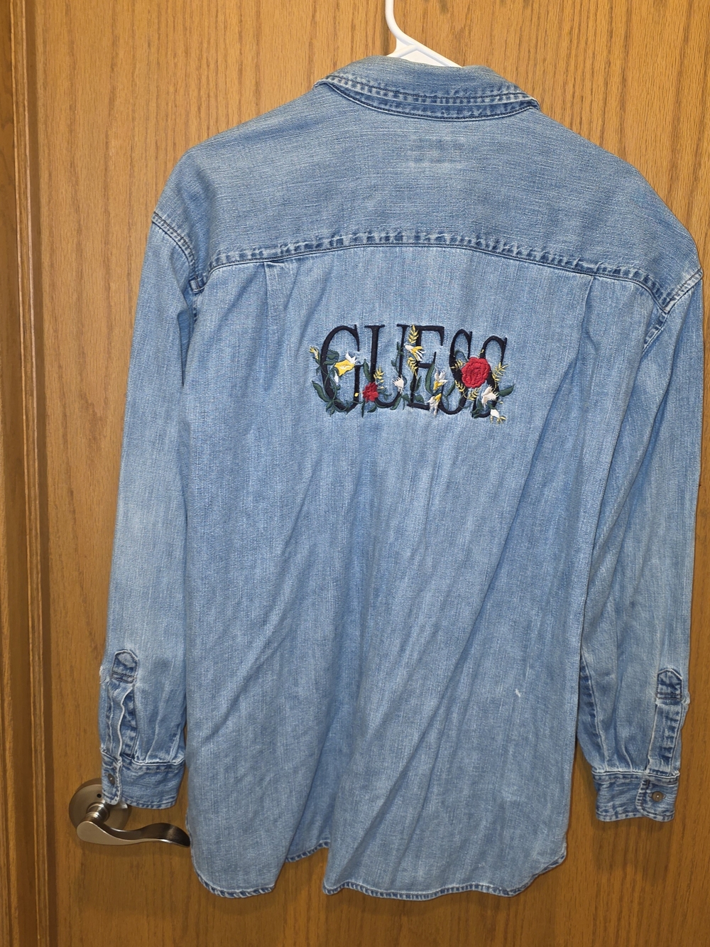 Vintage Guess Light Blue Denim Button-Down Shirt with Floral Embroidery